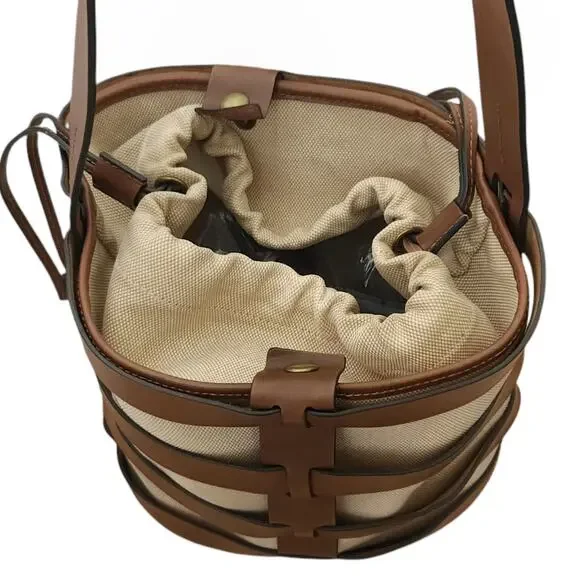 TRADEMARK Hesse caged leather canvas pouch bucket shoulder bag statement purse